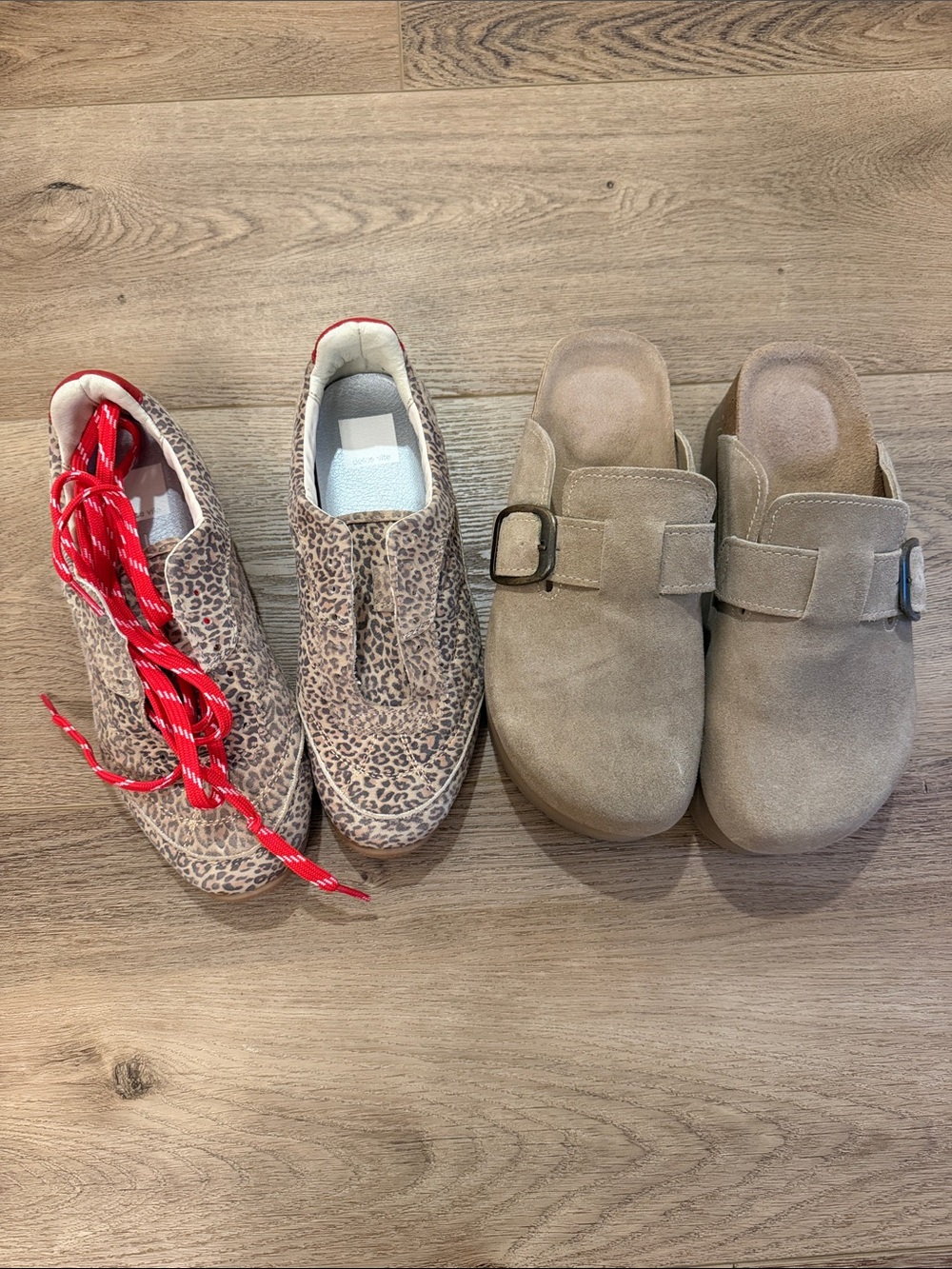 2 pairs of shoes- leopard sneakers, taupe clogs size 8.5